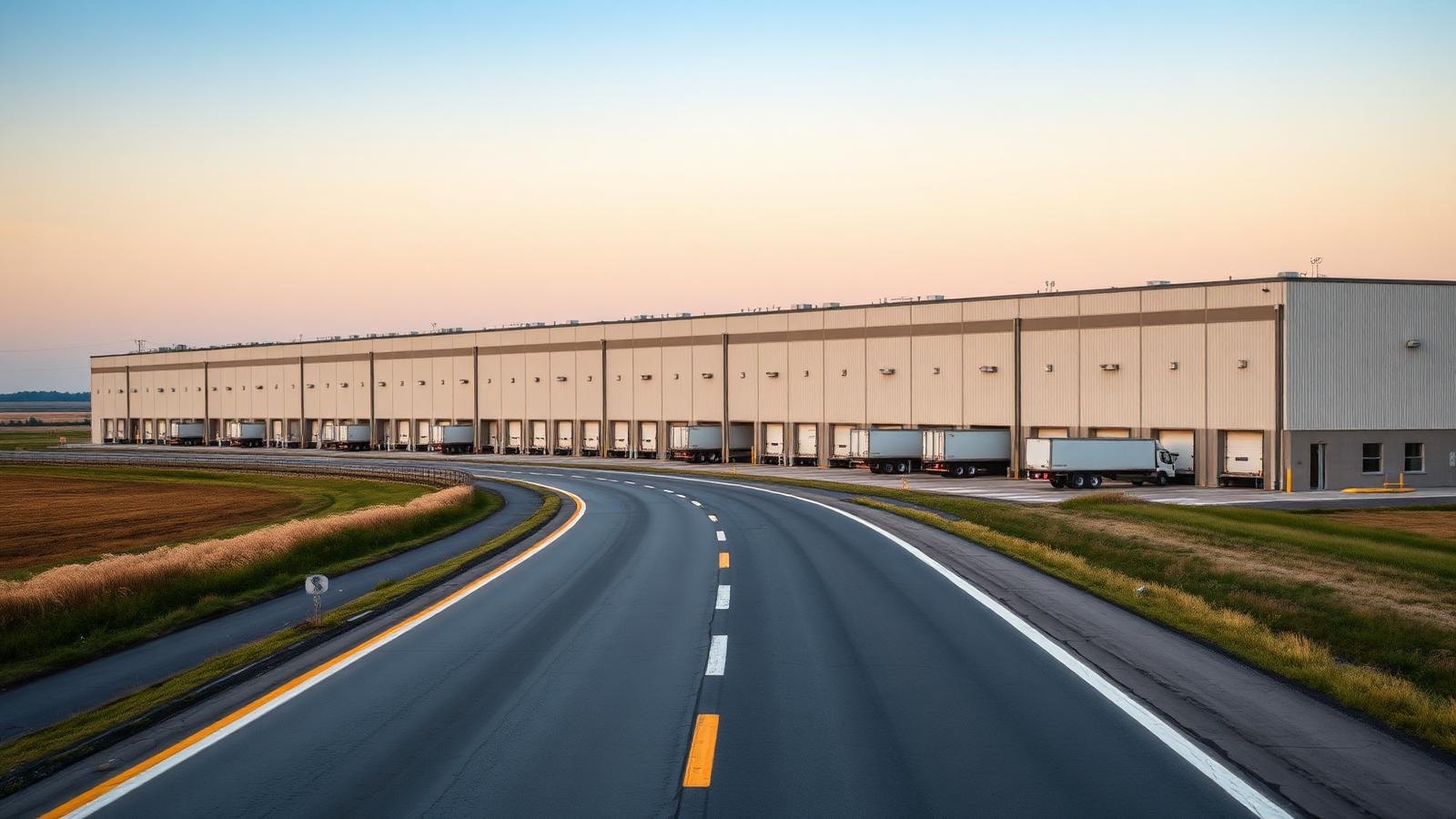 Long plain distribution warehouse with loading docks beside a rural Berks County highway at dusk