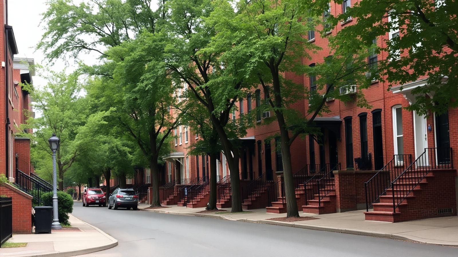 Narrow street of attached brick rowhomes with front stoops and mature street trees in Reading