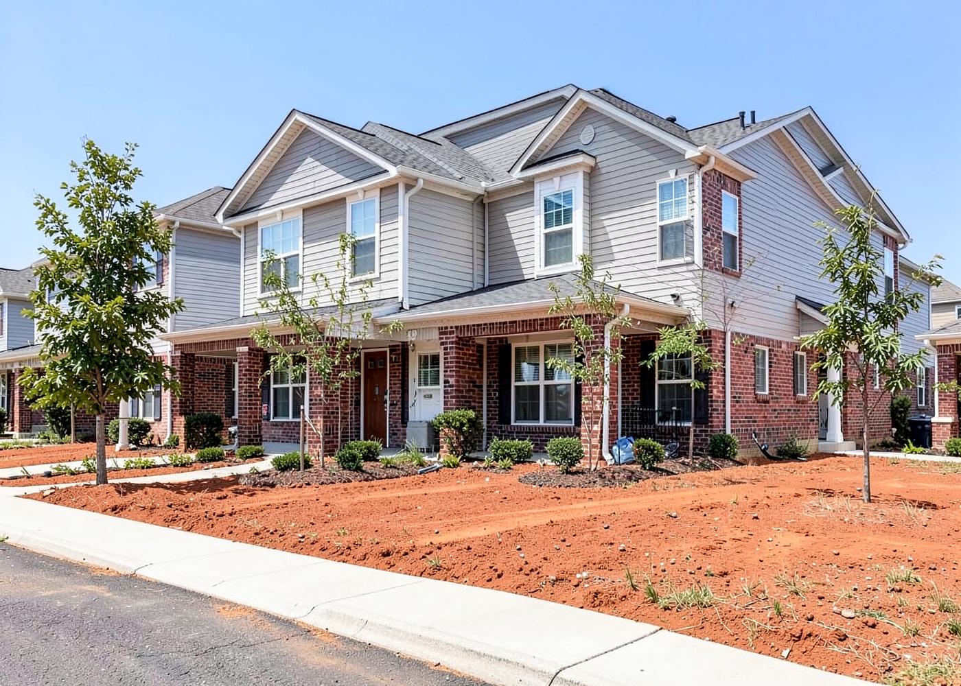 New suburban subdivision of brick and vinyl homes with young trees and freshly seeded lawns