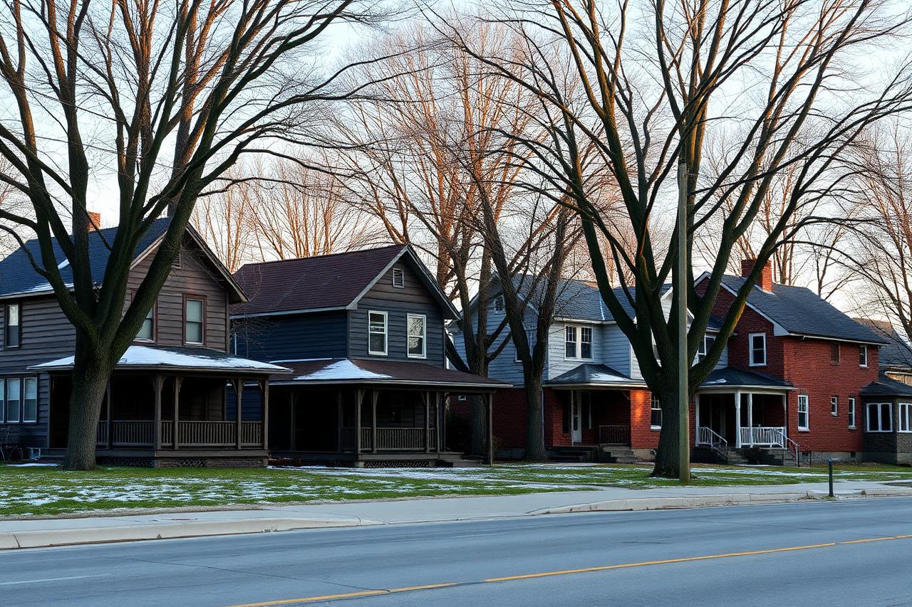 Older wood-frame and brick homes with deep front porches along a wide residential street in late winter