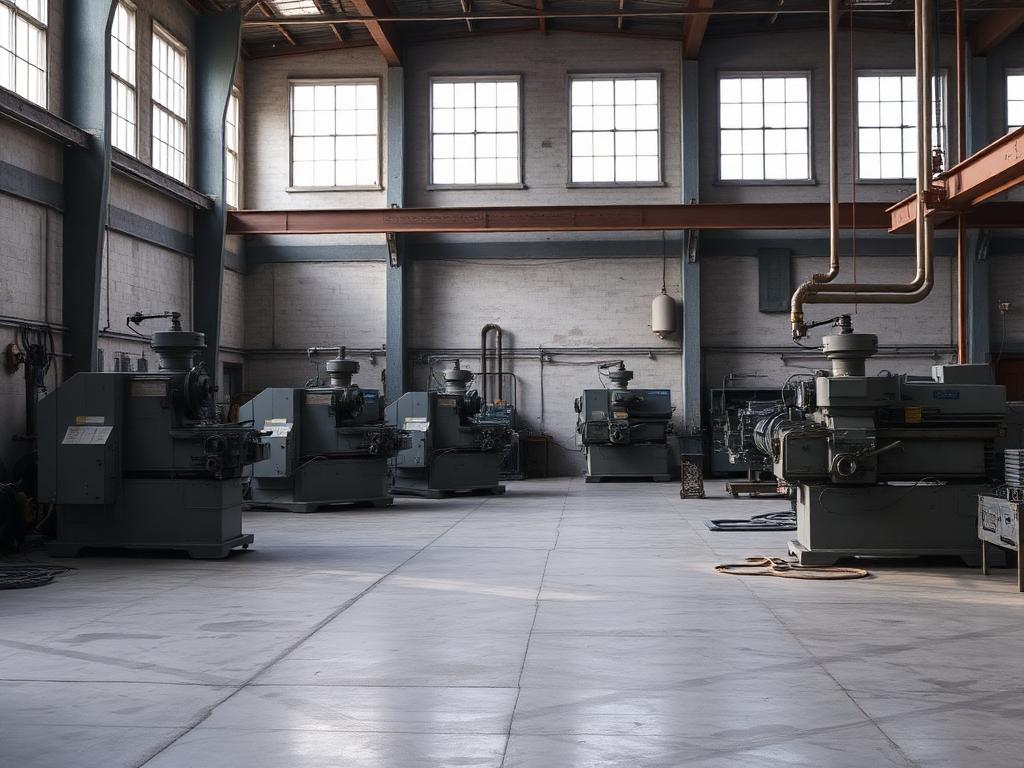 Empty machine shop interior with rows of plain metalworking machines on a swept concrete floor