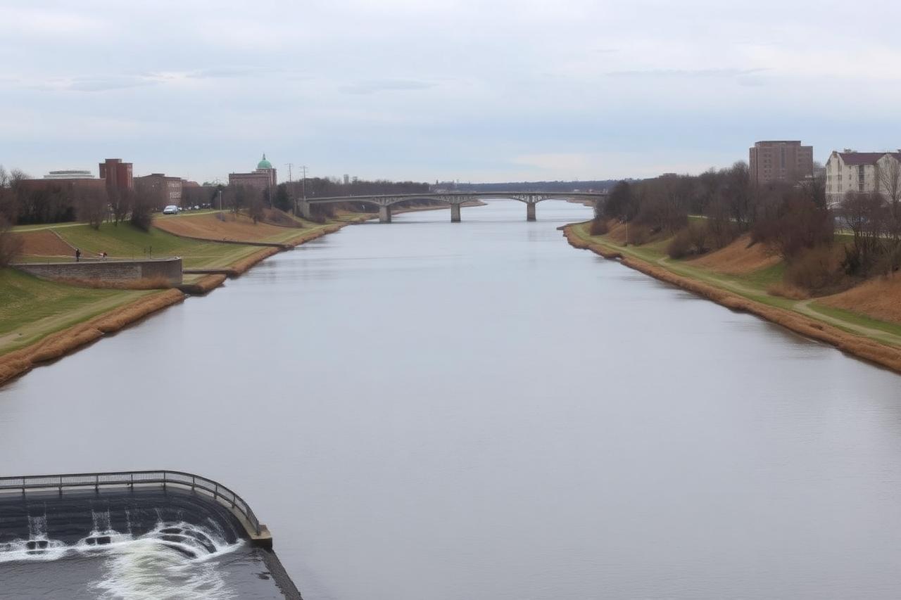 Wide slow river with a low dam and grassy banks running through a mid-size Midwestern city under an overcast sky
