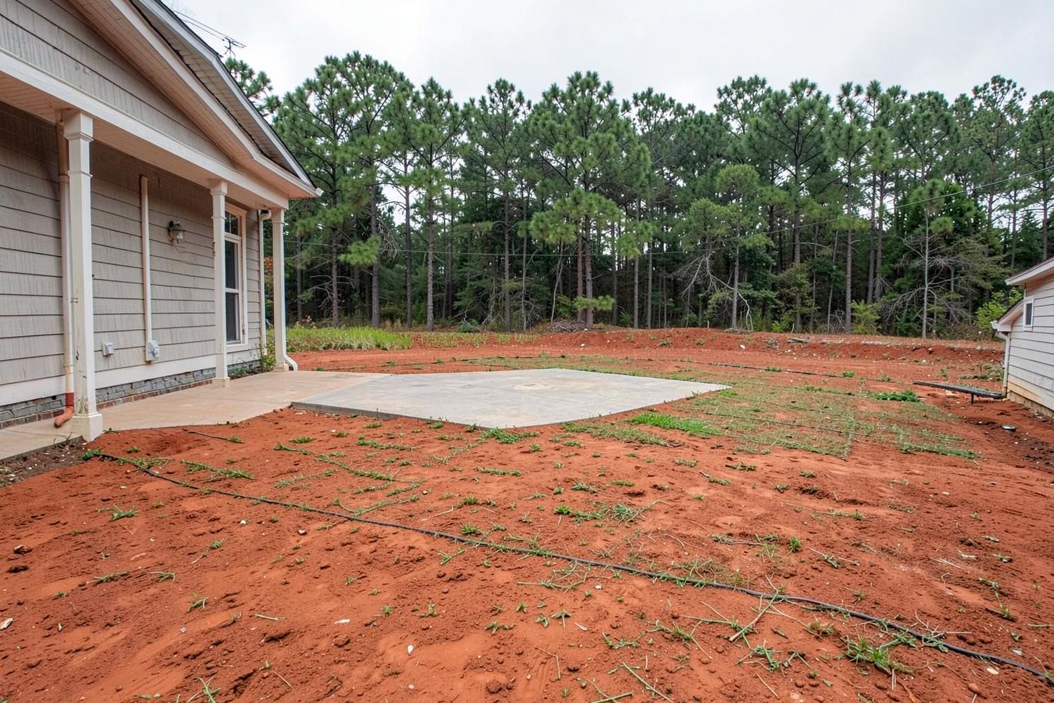 Bare unlandscaped back yard of a newly built house on red clay soil with an empty patio slab and a young pine treeline behind