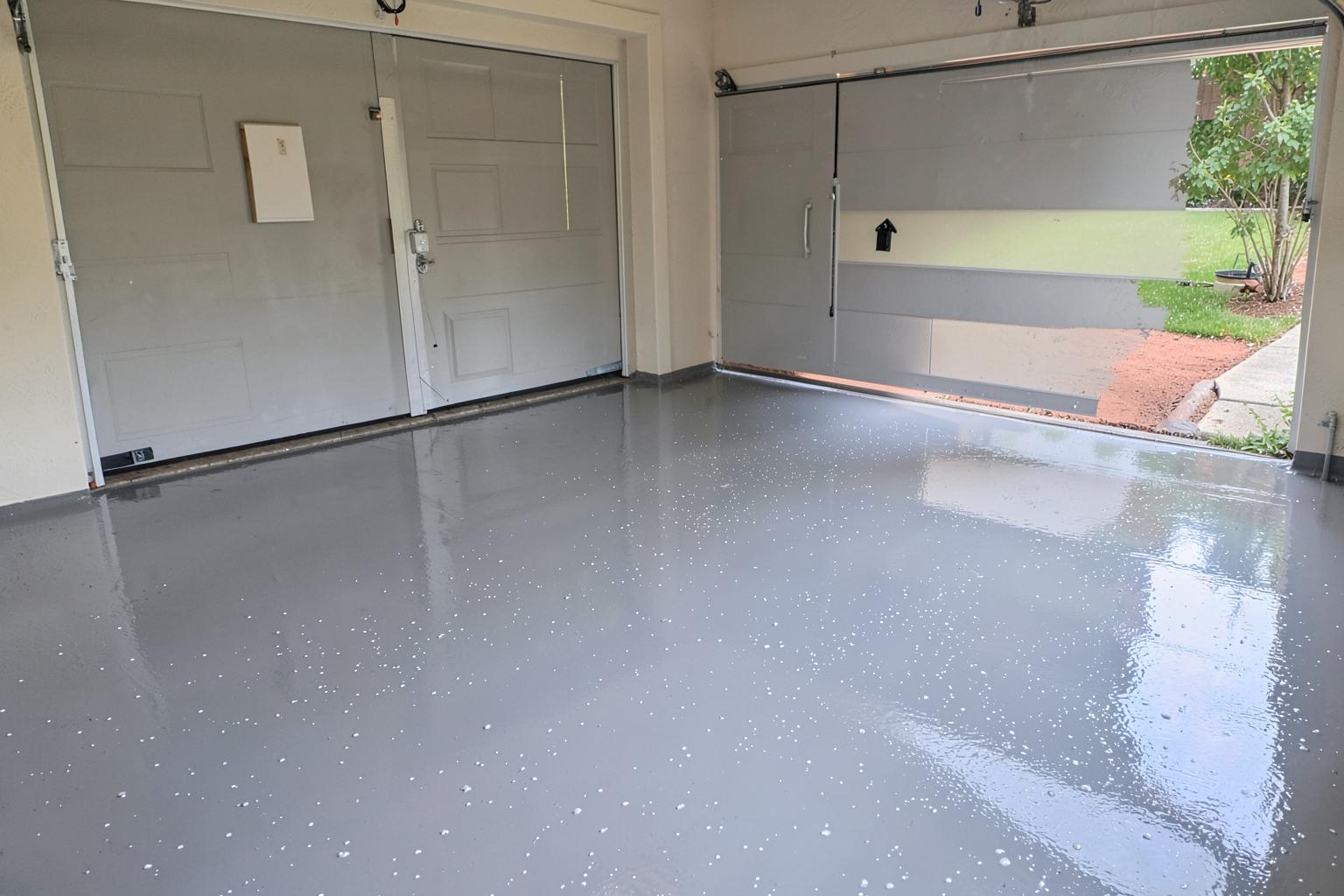 Freshly coated glossy grey flecked epoxy garage floor in an empty two-car garage with the door open onto a green lawn
