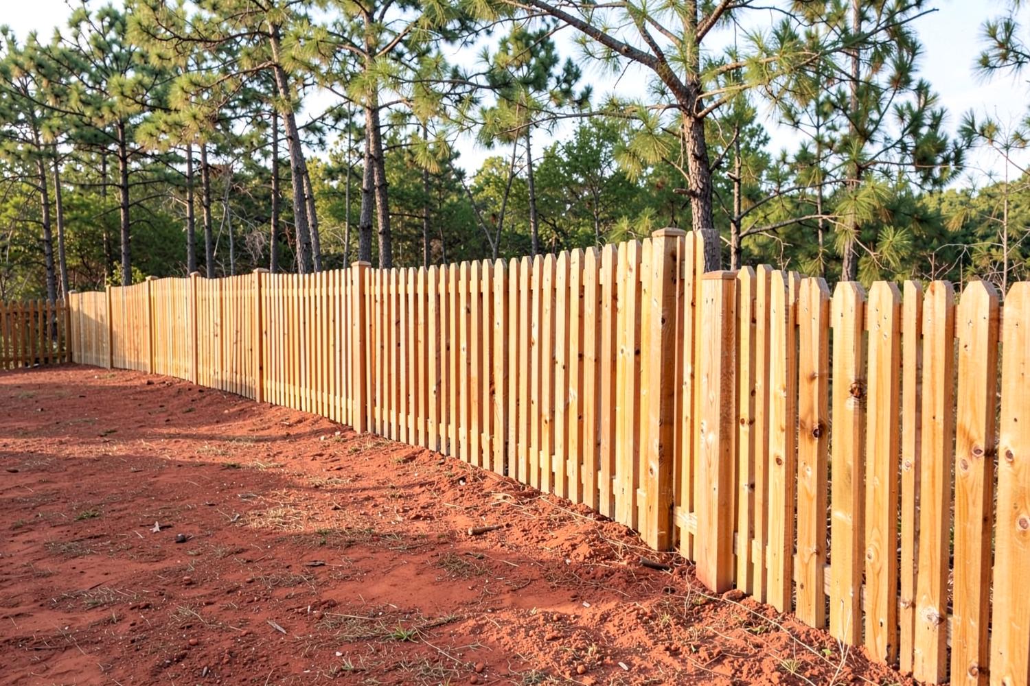 Freshly installed tall wood privacy fence running along the edge of a red clay back yard with pines behind