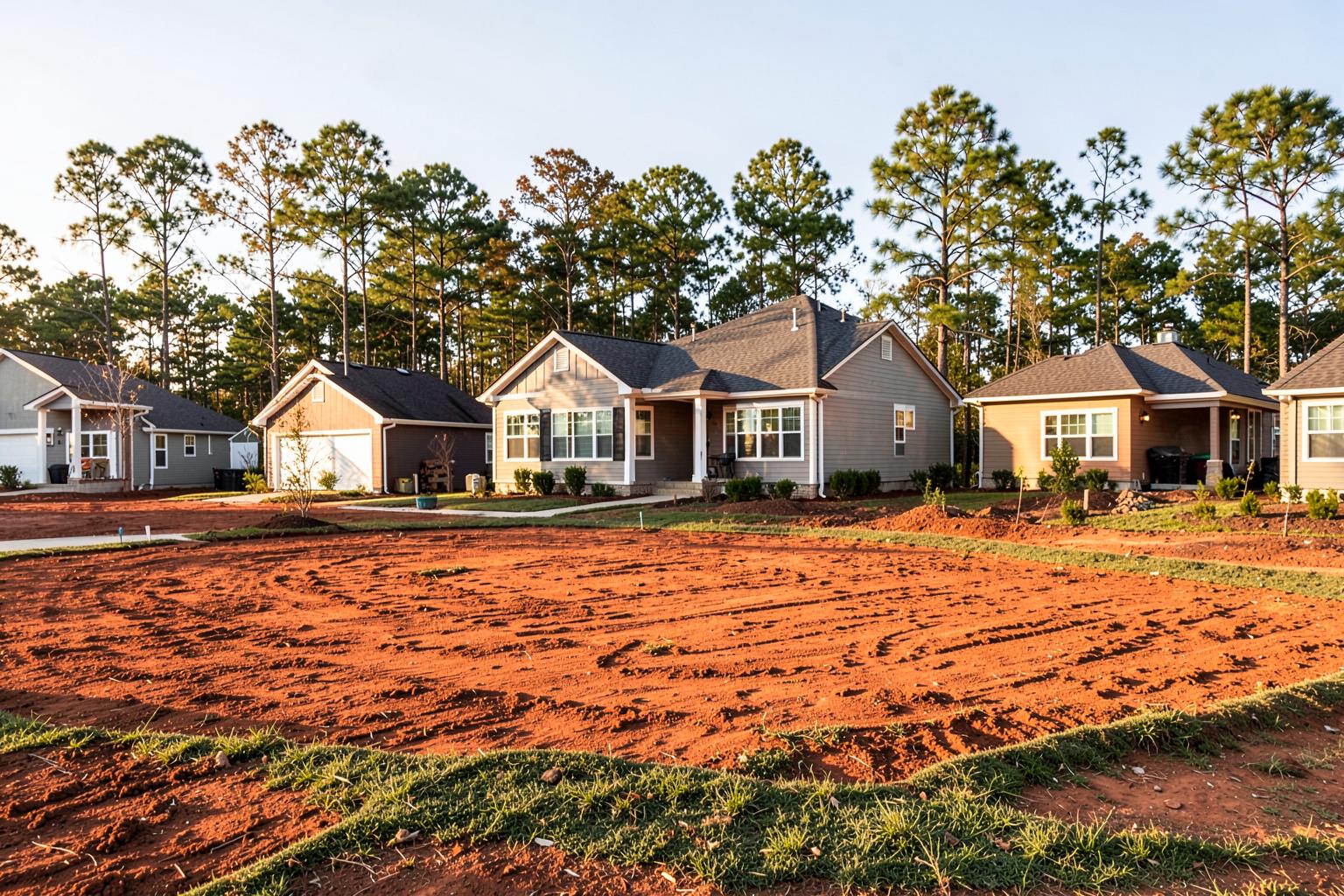 Newly built suburban houses at the edge of a southern town with raw red clay lots and young pines behind them in late light