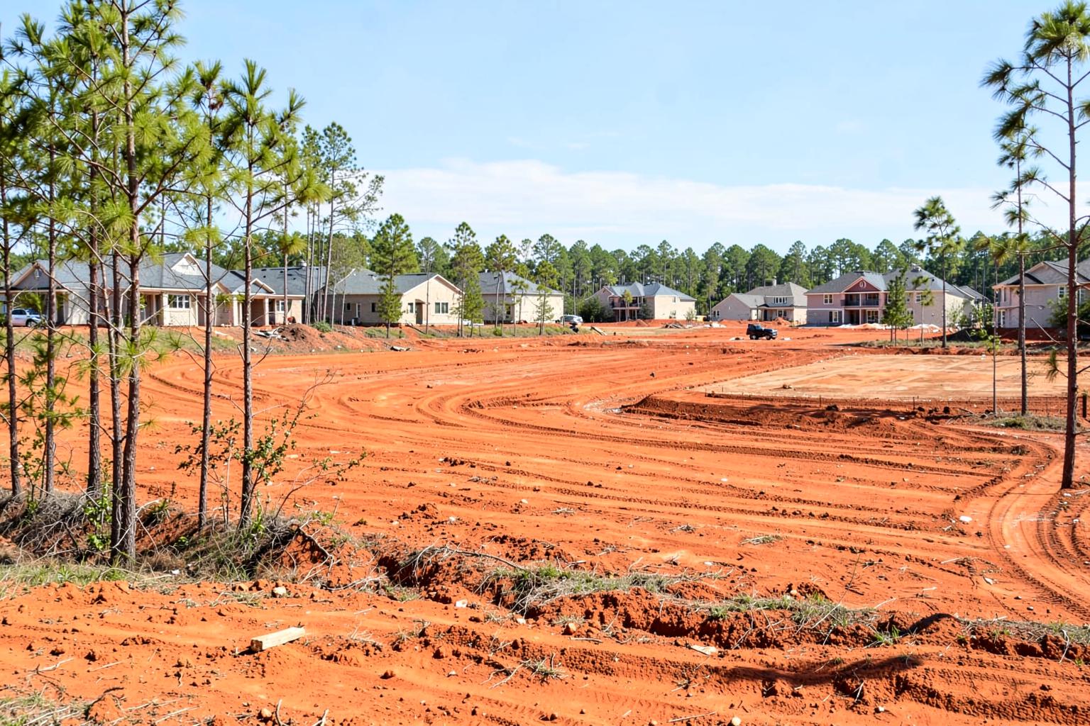 New suburban subdivision under construction on cleared red clay land with framed houses and young pines at the tree line