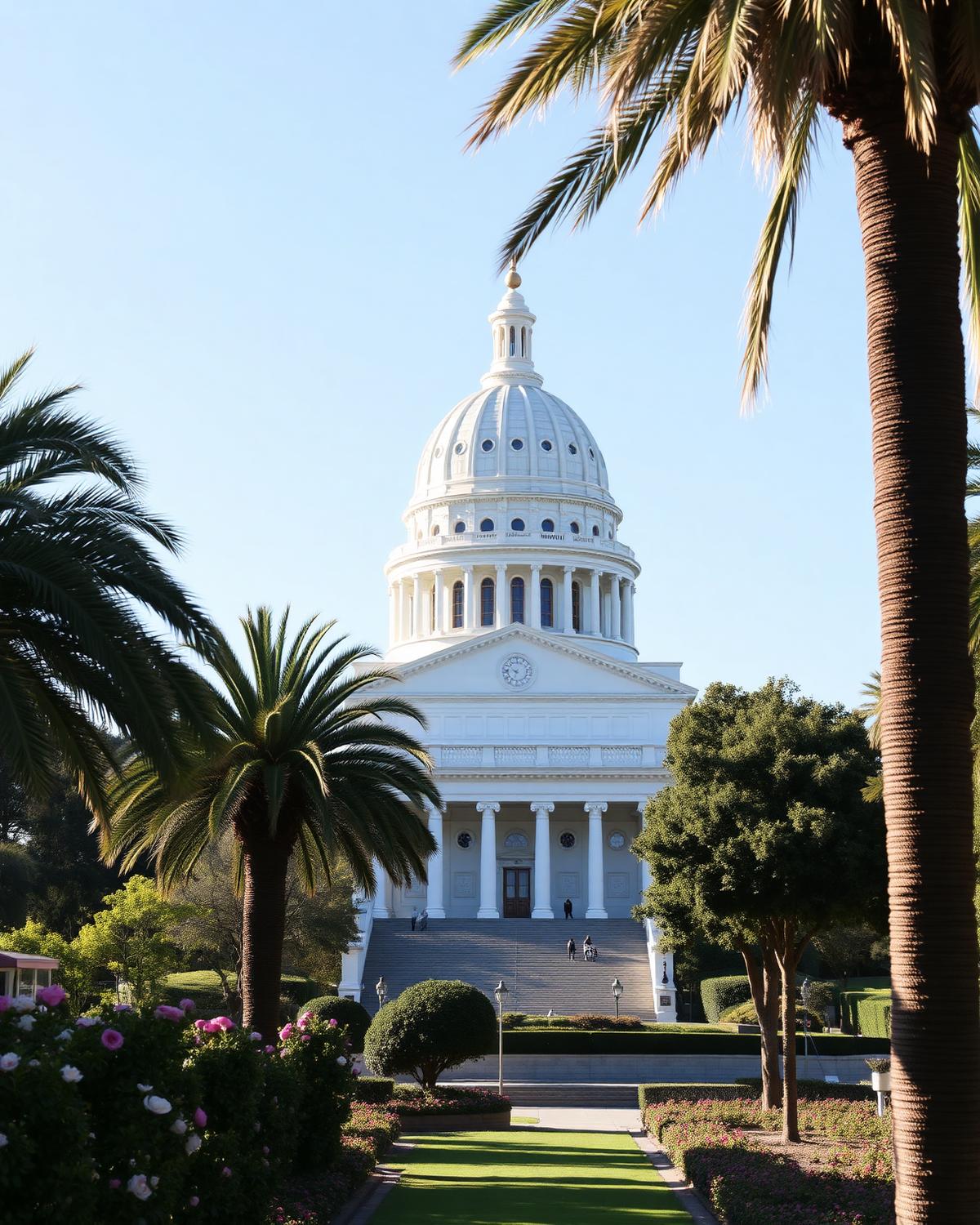 California State Capitol building in Sacramento framed by tall palms and shade trees
