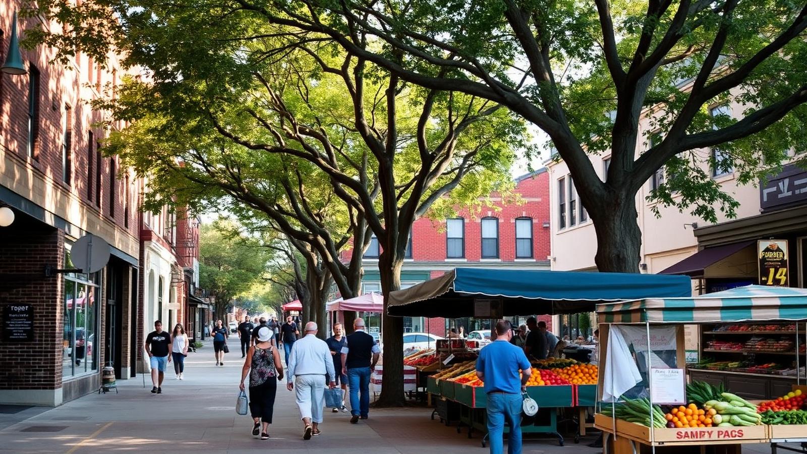 Midtown Sacramento street of brick storefronts under a heavy summer tree canopy