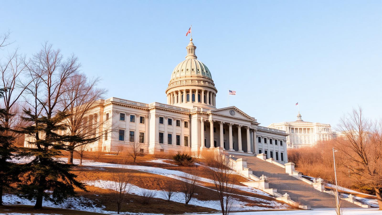 Utah State Capitol building on the hill above Salt Lake City on a clear winter afternoon