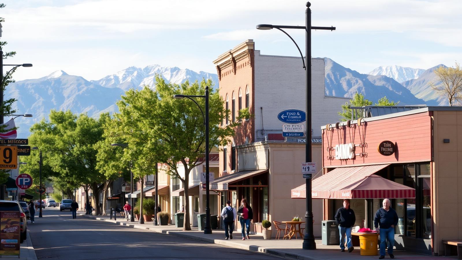 Salt Lake City neighborhood shopping street with independent storefronts and mountains at the end of the street
