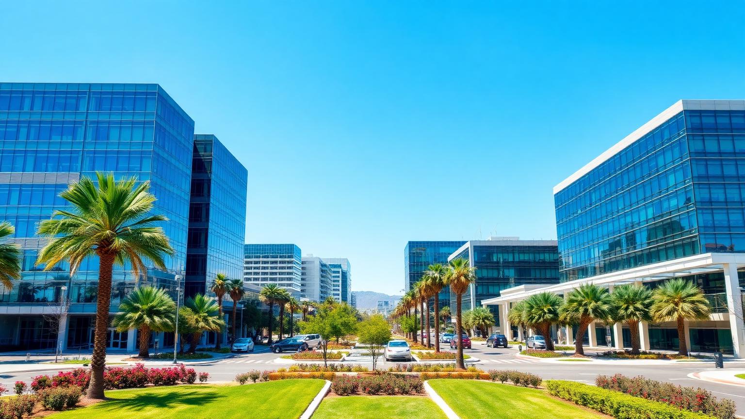 Low-rise Silicon Valley office and tech campus corridor in North San Jose on a mild clear afternoon