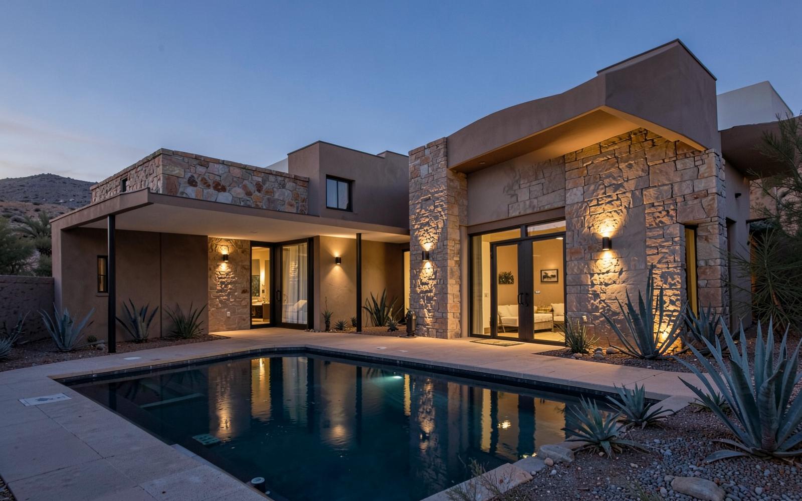 Luxury desert modern home at dusk with stone and stucco walls, warm lighting, a pool and sculptural agave planting