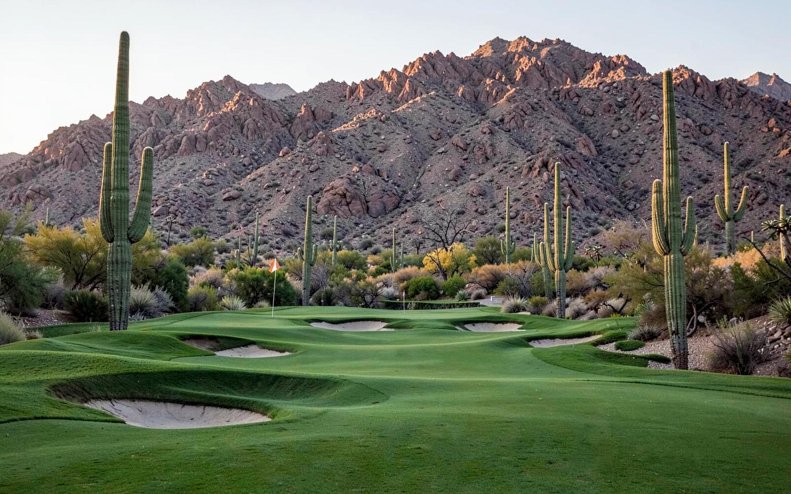 Manicured desert golf fairway at dawn with sculpted bunkers, tall saguaros and a rocky mountain ridge behind