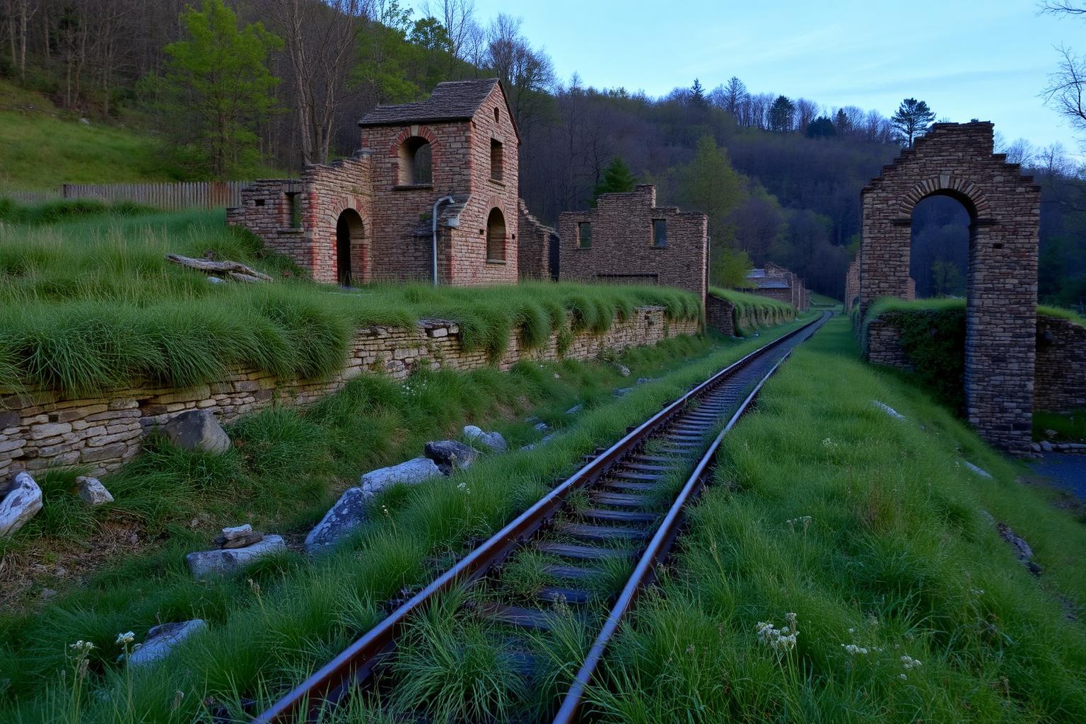 Overgrown coal-era stone industrial ruins beside an old rail corridor in a wooded valley at dusk