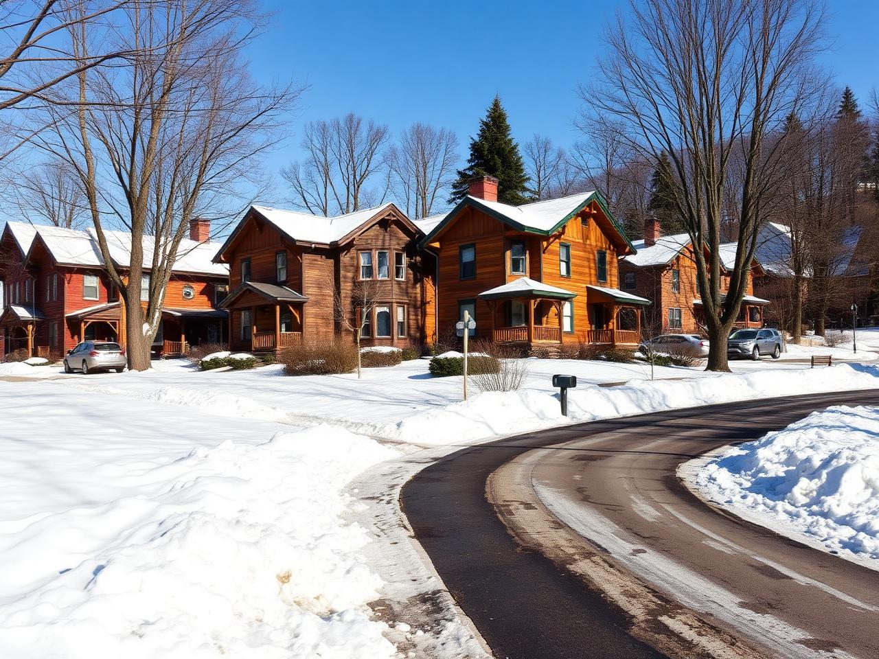Century-old wood-sided homes along a snowy hillside residential street with plowed snowbanks