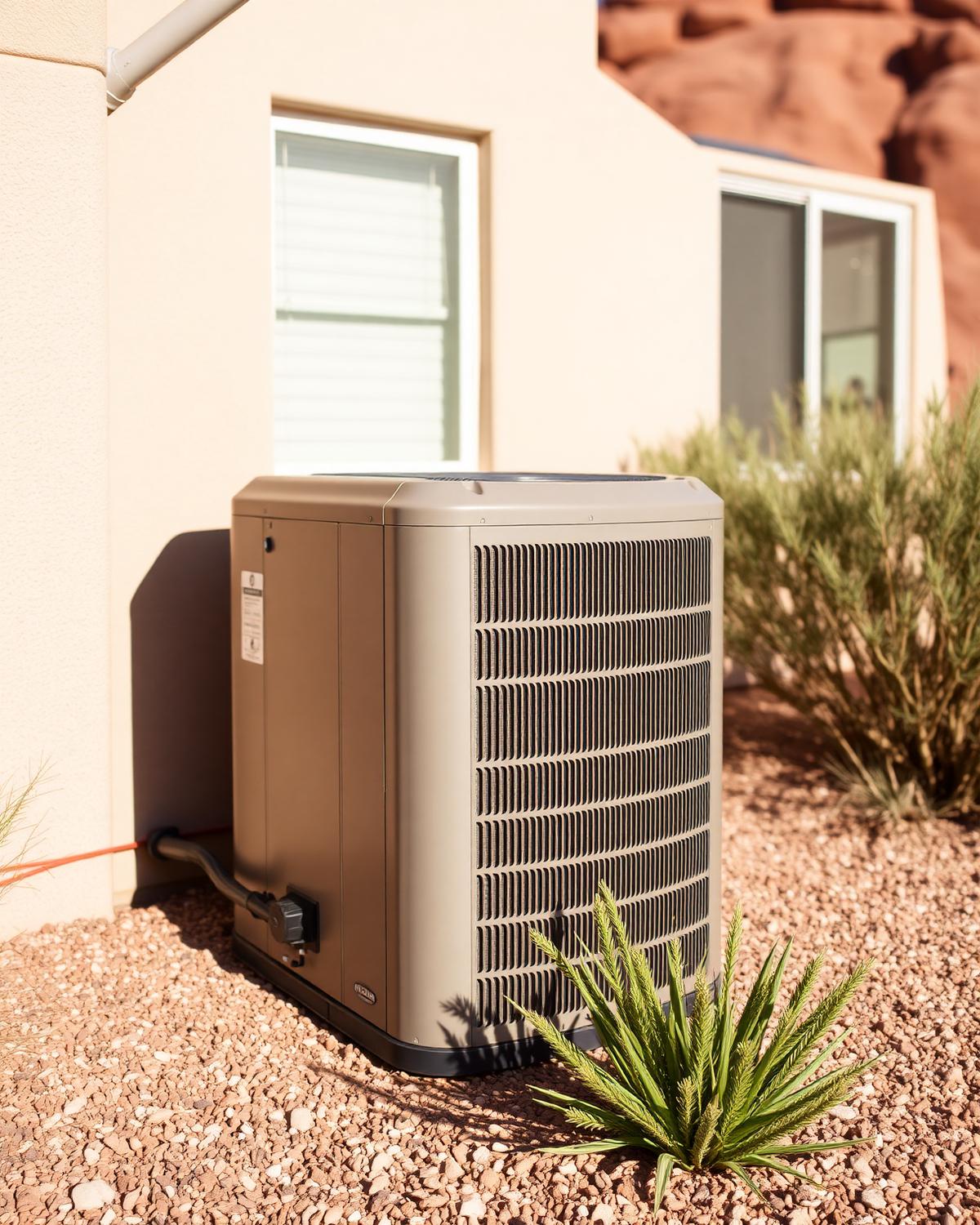 Outdoor AC condenser unit beside a St. George stucco home during a triple-digit desert summer