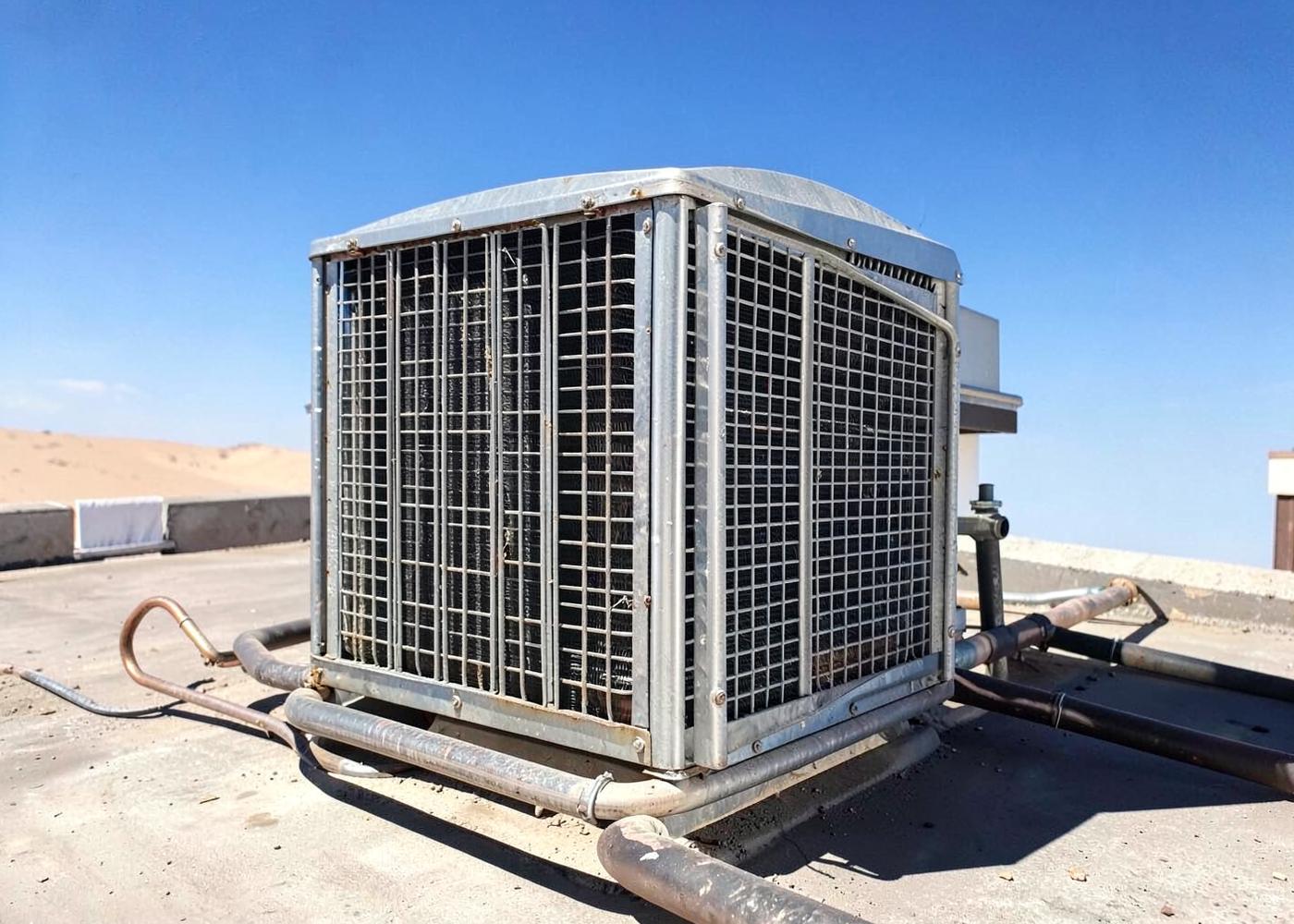 Dusty rooftop air conditioning condenser unit with exposed metal fins and refrigerant lines under an intense desert sun