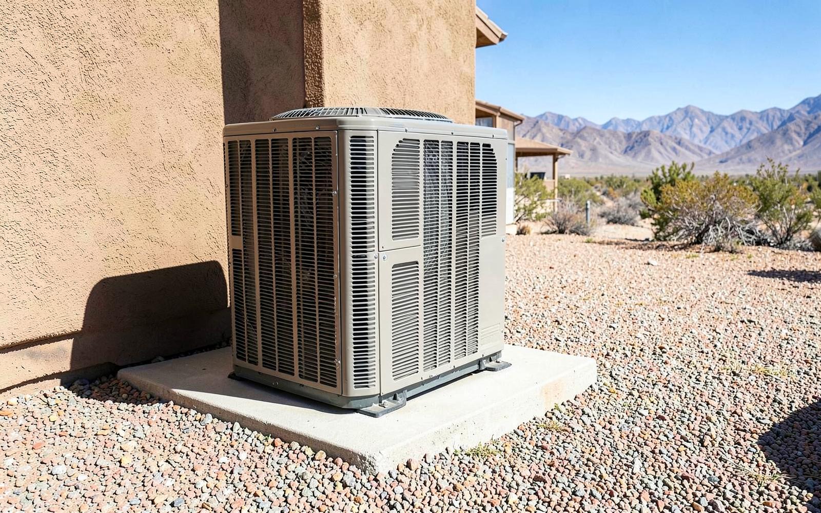 Outdoor air conditioning condenser on a concrete pad beside a stucco desert home with gravel yard and dry mountains beyond
