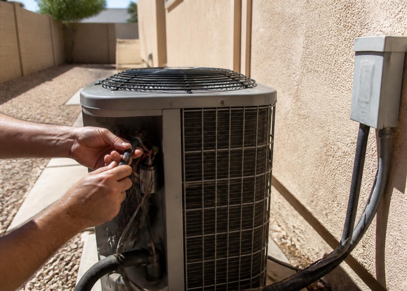 Technician crouched beside an older outdoor air conditioning condenser unit performing service on a residential lawn