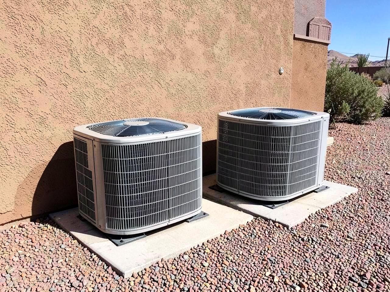 Two air conditioning condenser units on a concrete pad beside a stucco wall in harsh desert sunlight