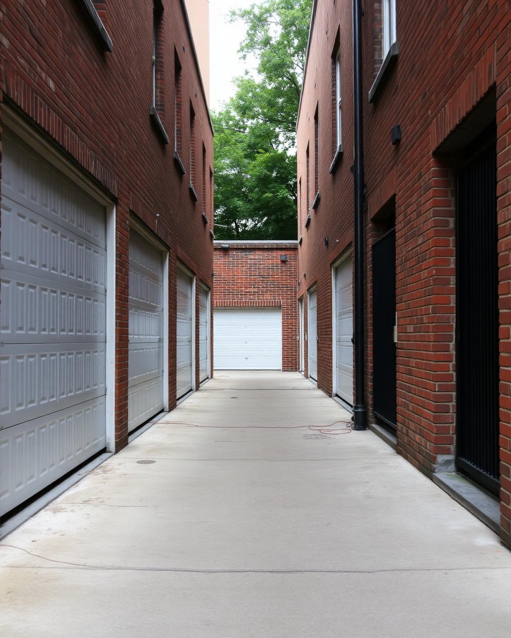 Freshly poured concrete slab in a narrow Chicago alley behind brick garages with visible utility lines overhead