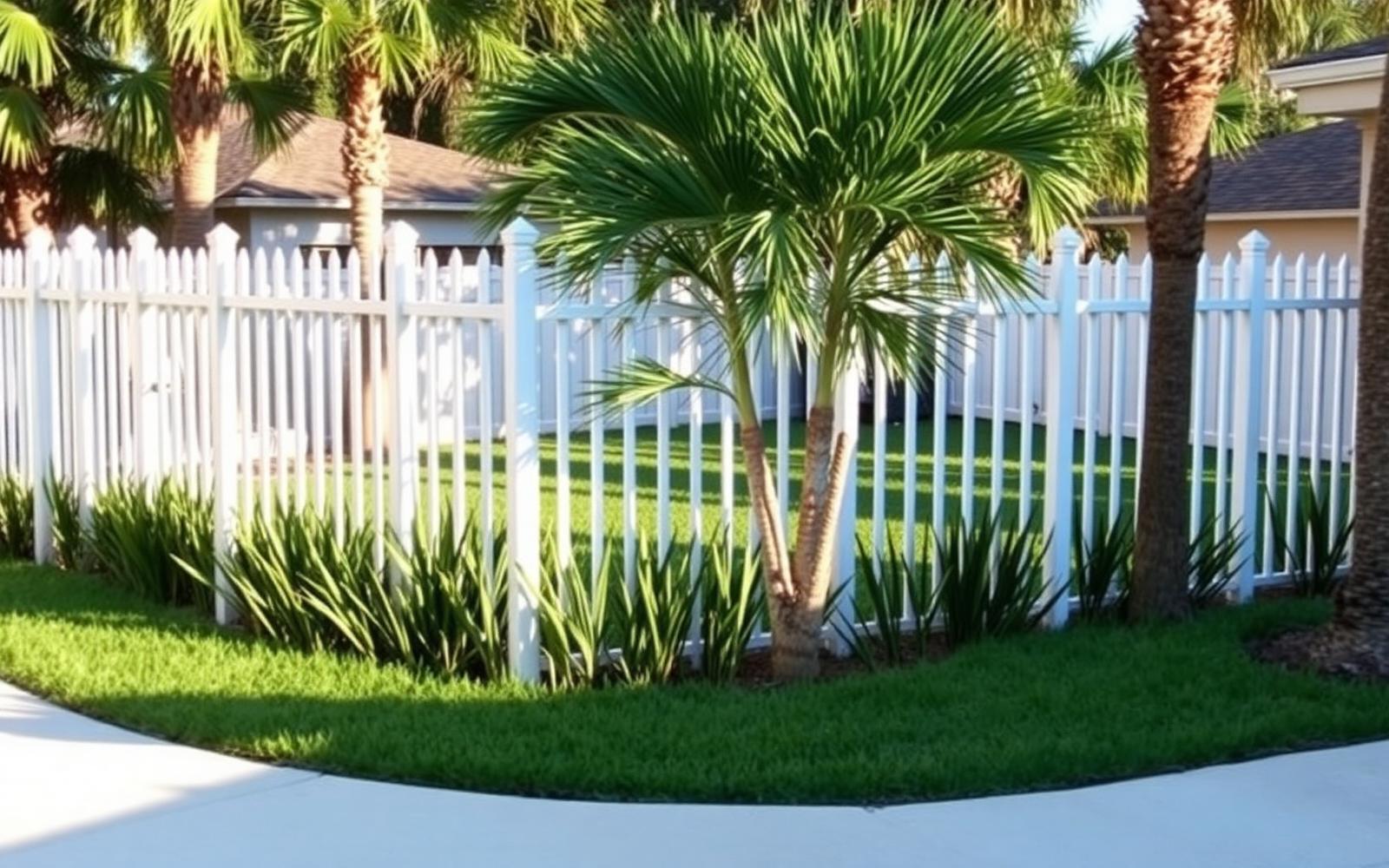 Fresh white picket fence bordering sod and young palms in a St. Petersburg backyard renovation