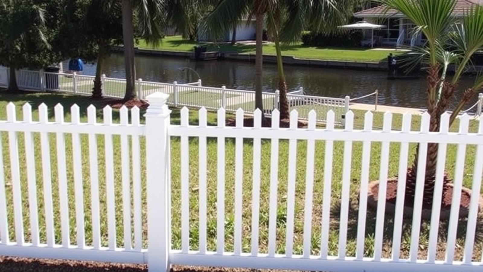 Newly installed white fence around a Fort Lauderdale backyard with fresh sod and a canal behind it