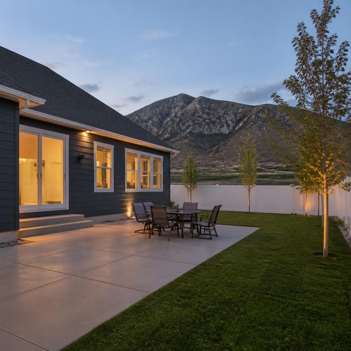 Newly finished backyard concrete patio behind a suburban home with fresh sod and a mountain ridge at dusk