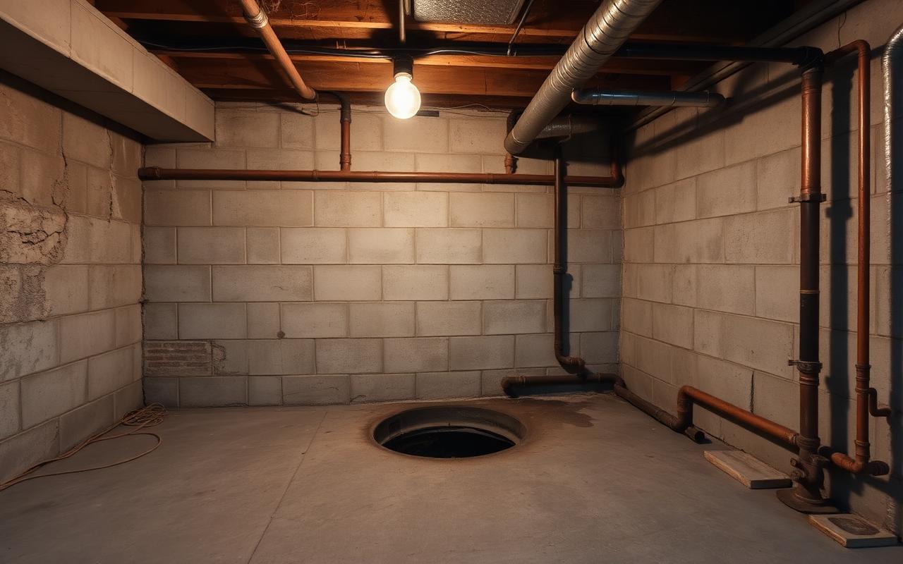 Older residential basement with block foundation walls, an open sump pit, exposed copper piping, and a damp concrete floor