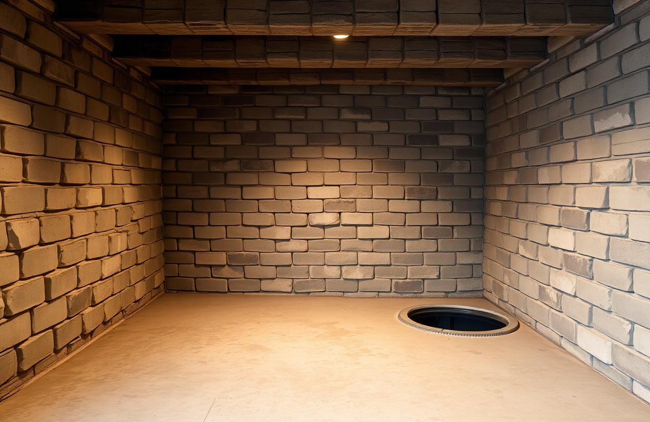 Older basement with stone and block foundation walls, a bare concrete floor, and an open sump pit under dim light