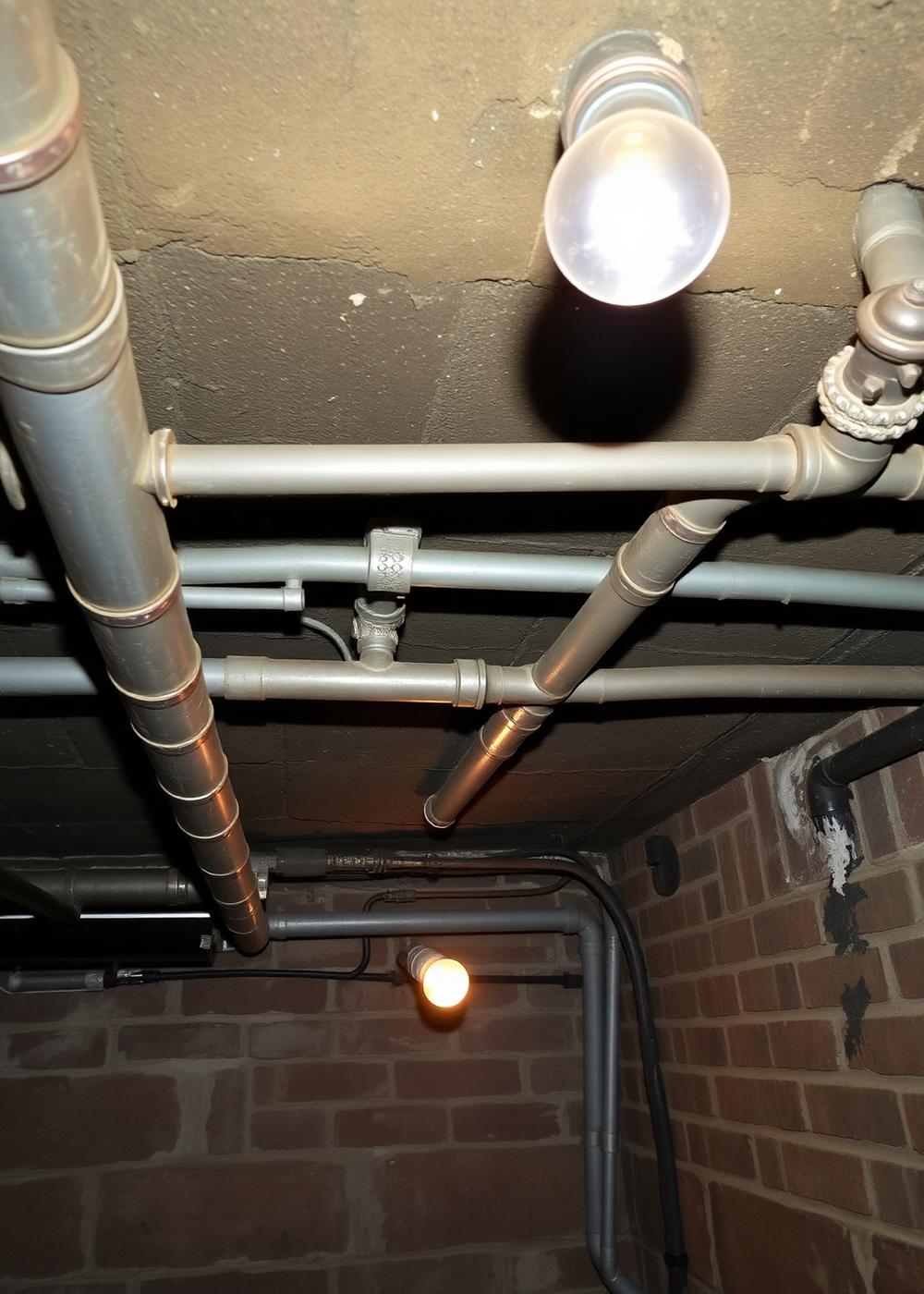 Exposed plumbing pipes running through a stone-and-block basement in an older Erie duplex
