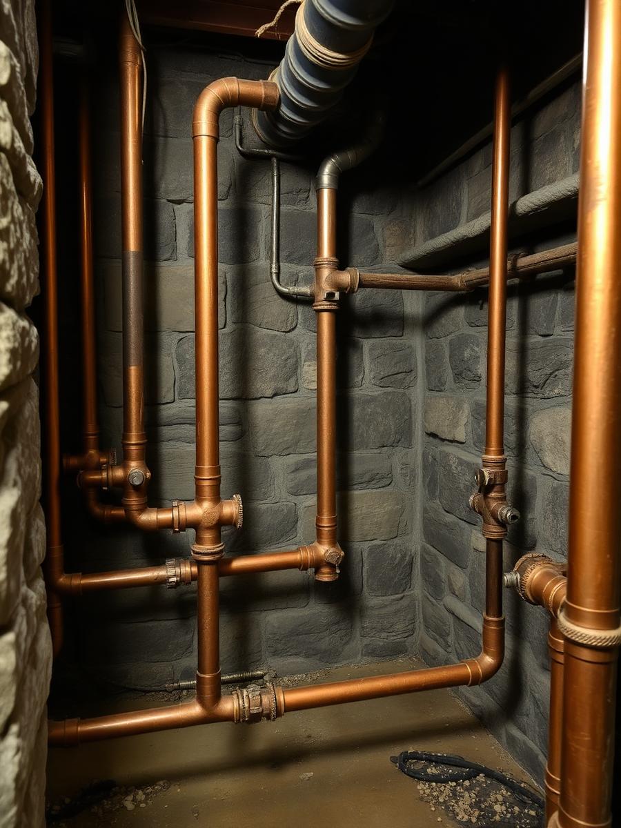 Exposed plumbing pipes running through a stone basement in an older Allentown rowhouse