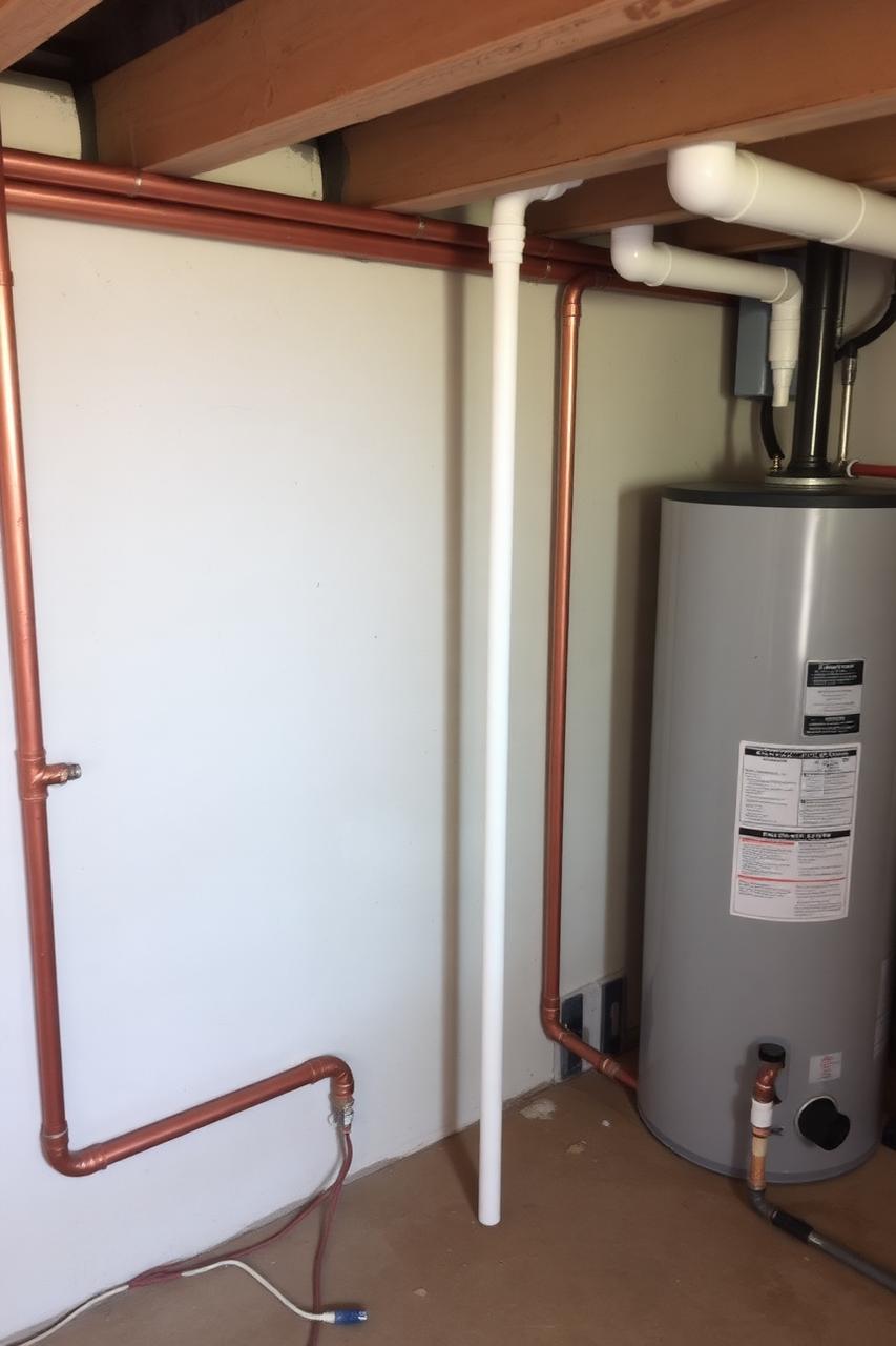 Basement plumbing and mechanical fixtures in an older Rockford home showing pipework near a foundation wall