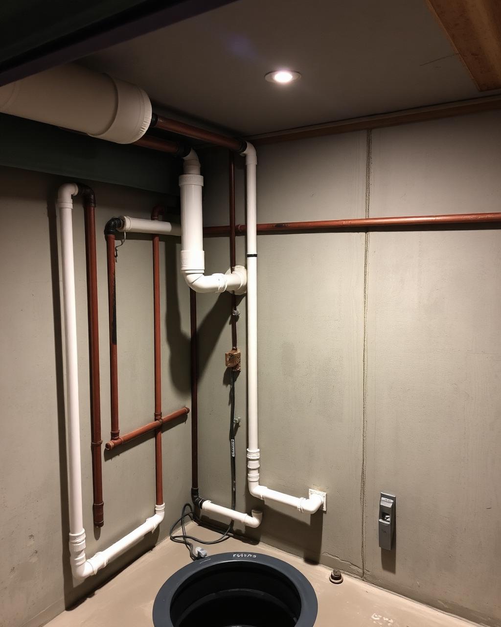 Basement plumbing and sump pump system being serviced in a Champaign residence