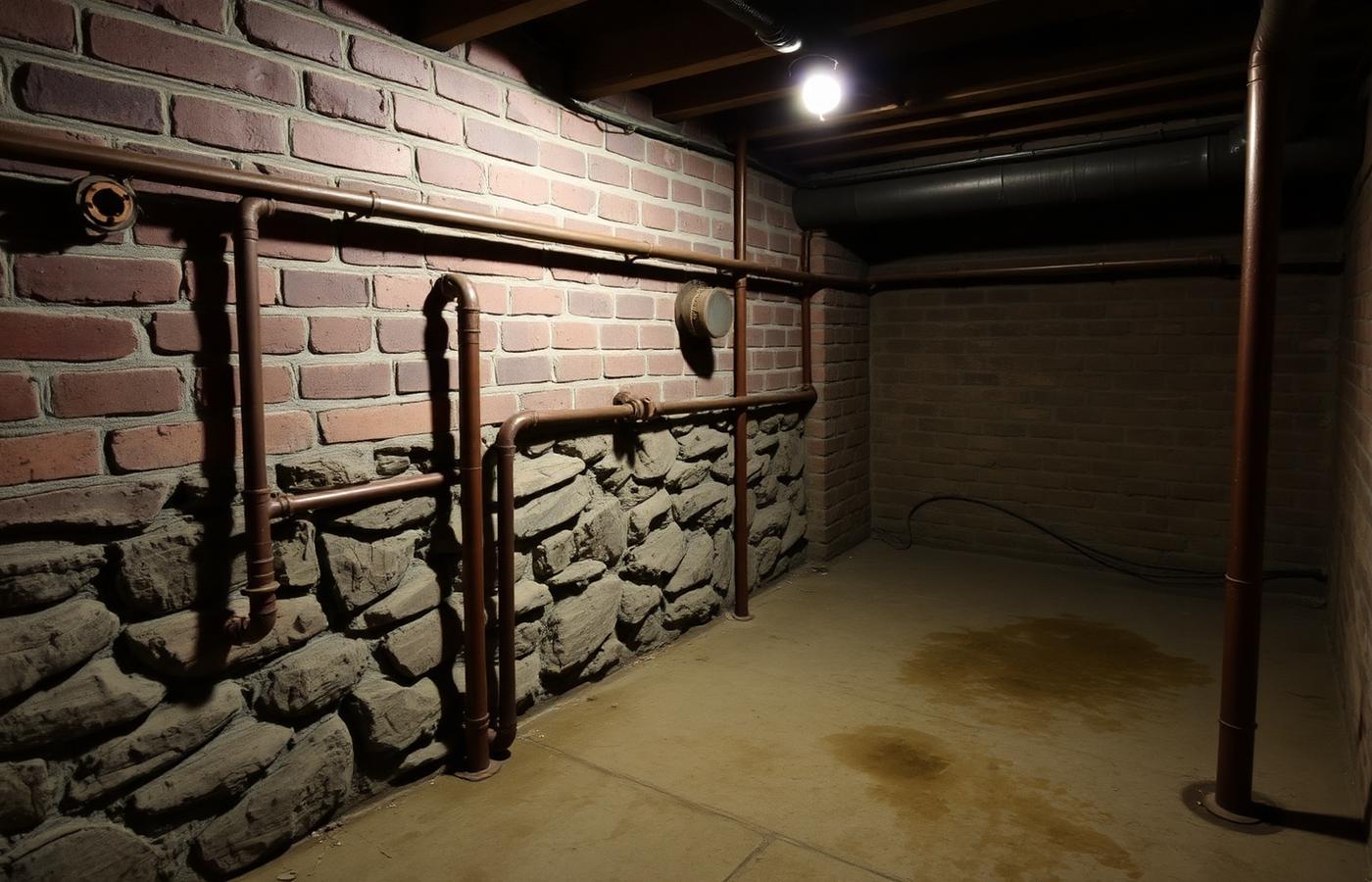 Old brick and stone basement with exposed copper and cast iron plumbing above a damp concrete floor