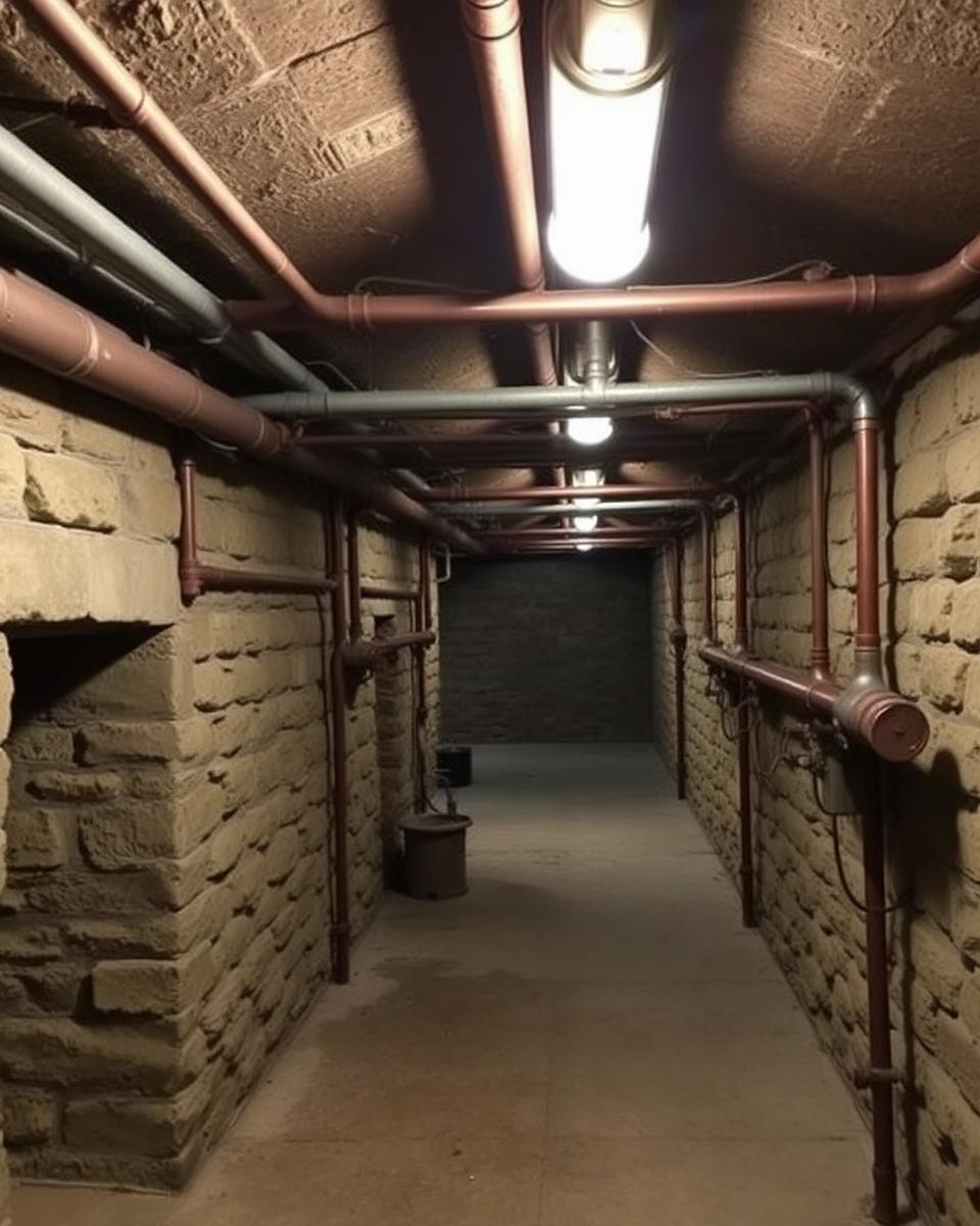 Old stone-walled basement with copper and cast iron plumbing lines running along the ceiling