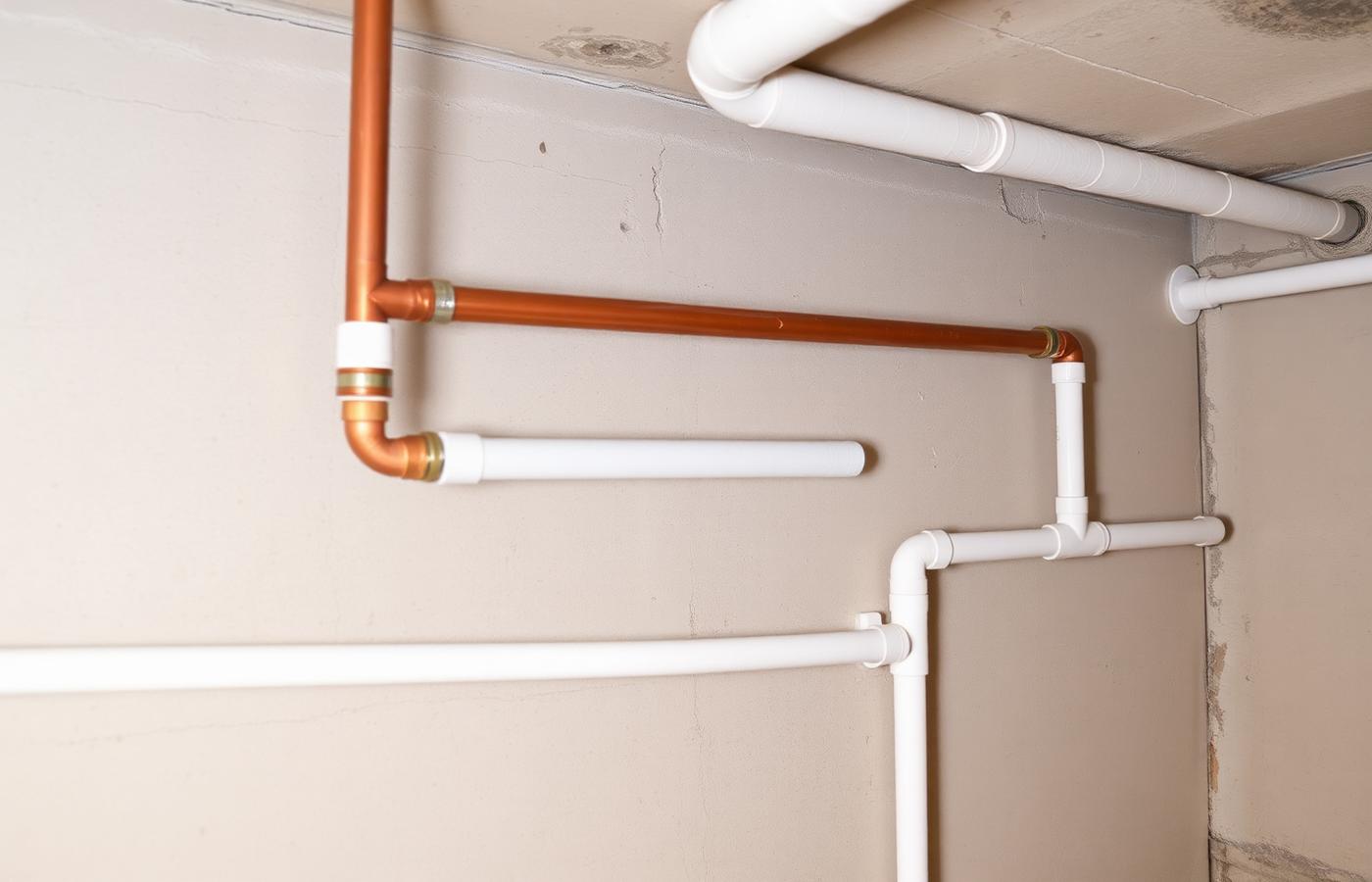 Basement plumbing and mechanical fixtures in an older Peoria home showing pipework near a foundation wall
