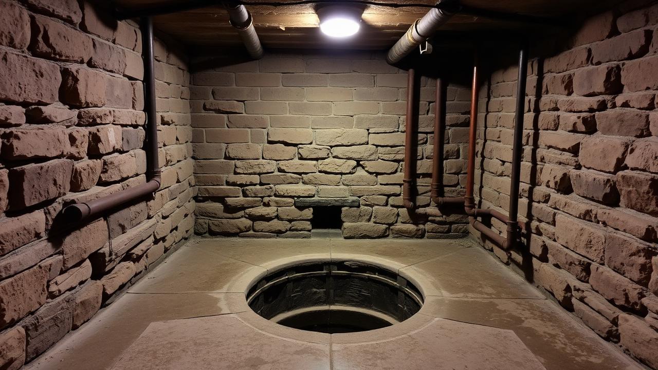 Old stone-walled basement with a sump pit, exposed copper and cast iron pipes, and a damp concrete floor