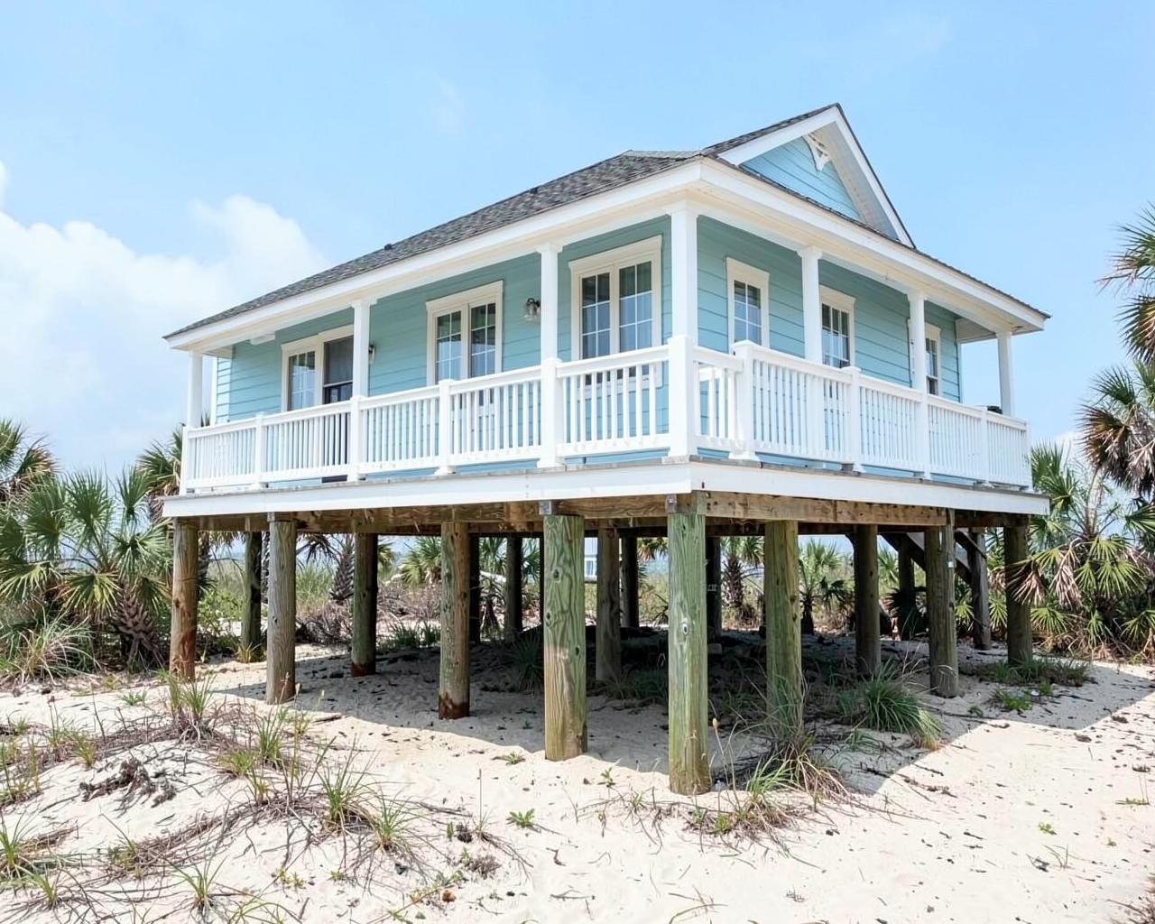 Pale blue raised coastal cottage on wooden pilings with white porch railings and palmettos in bright beach sunlight