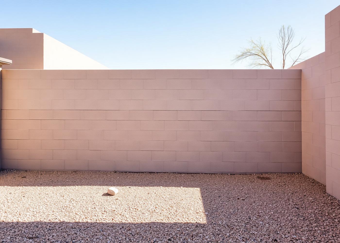 Stucco-finished block wall along a Lower Valley El Paso property line built to withstand caliche soil movement