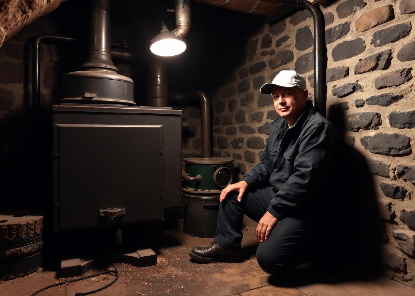 Heating contractor repairing a boiler in the basement of a pre-1940 Park Avenue home during a Rochester lake-effect storm