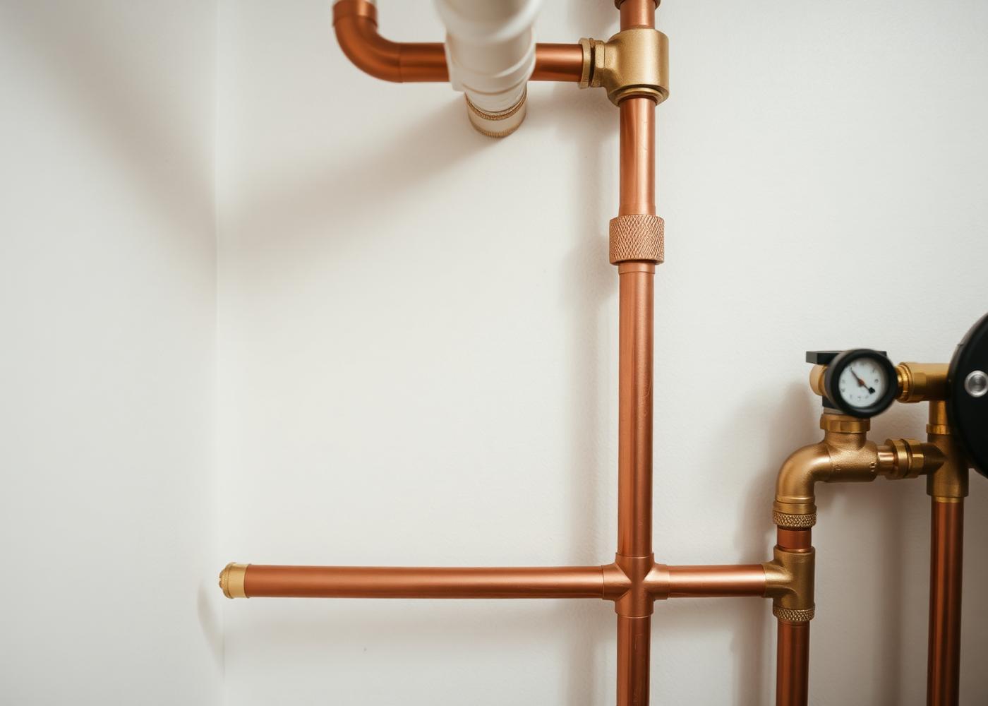Close-up detail of clean copper pipe and brass valve fittings in a home mechanical room