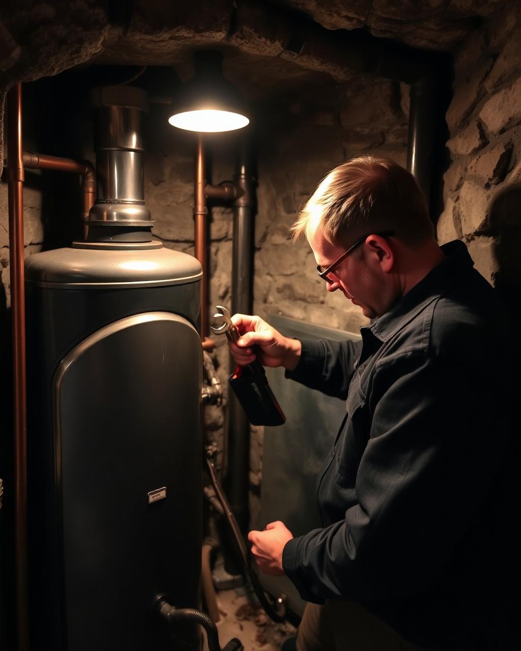 Heating contractor repairing a boiler in a snow-covered North Buffalo double during a lake-effect storm