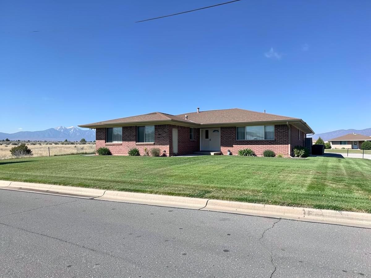 Brick single-story home with a mown lawn on a wide flat street with snow-capped mountains far in the distance