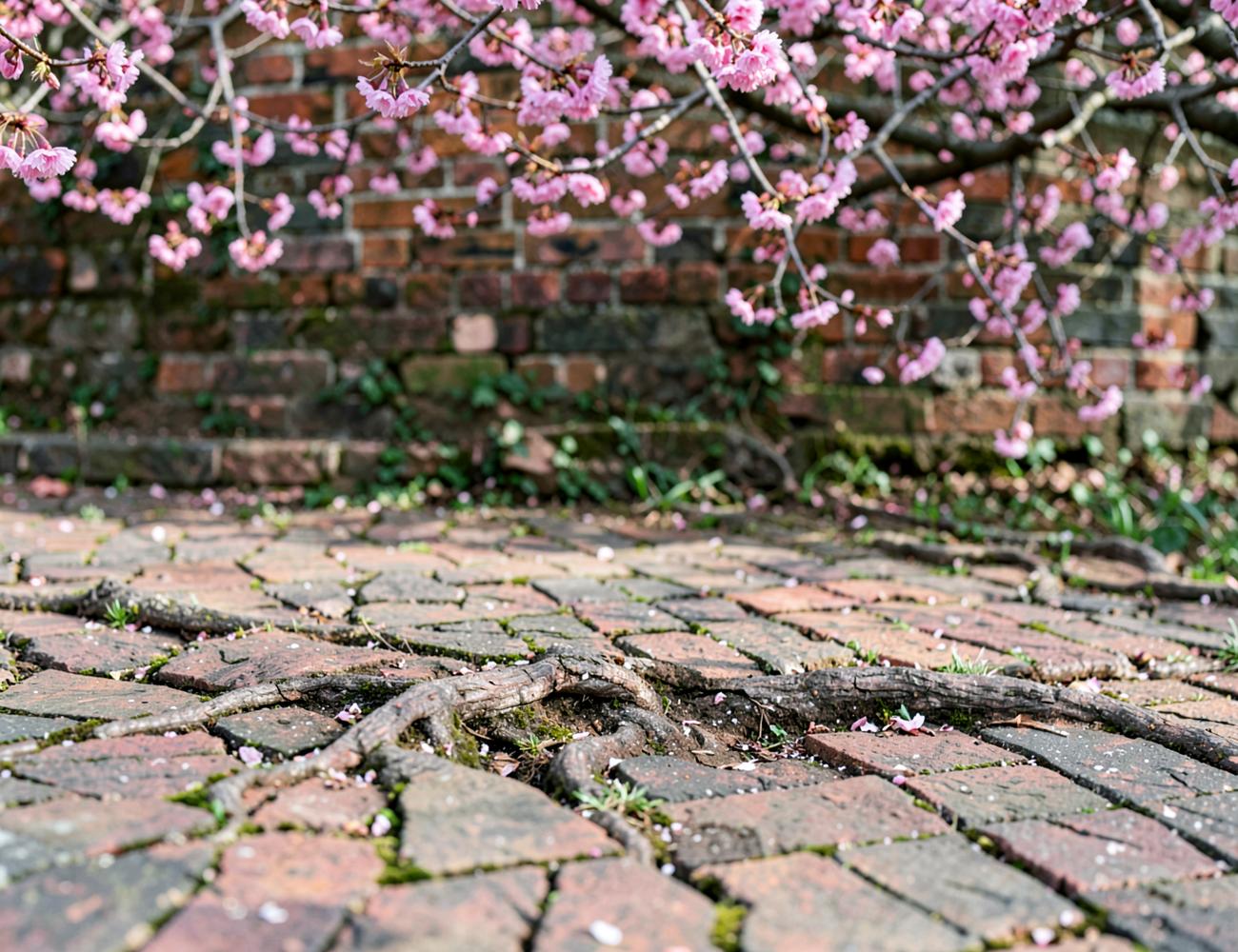Old cracked brick sidewalk buckled by tree roots beneath blooming pink cherry branches with a weathered brick garden wall behind