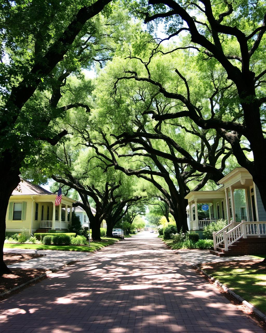 Live-oak canopy over a brick-paved residential lane in an established Orlando bungalow district