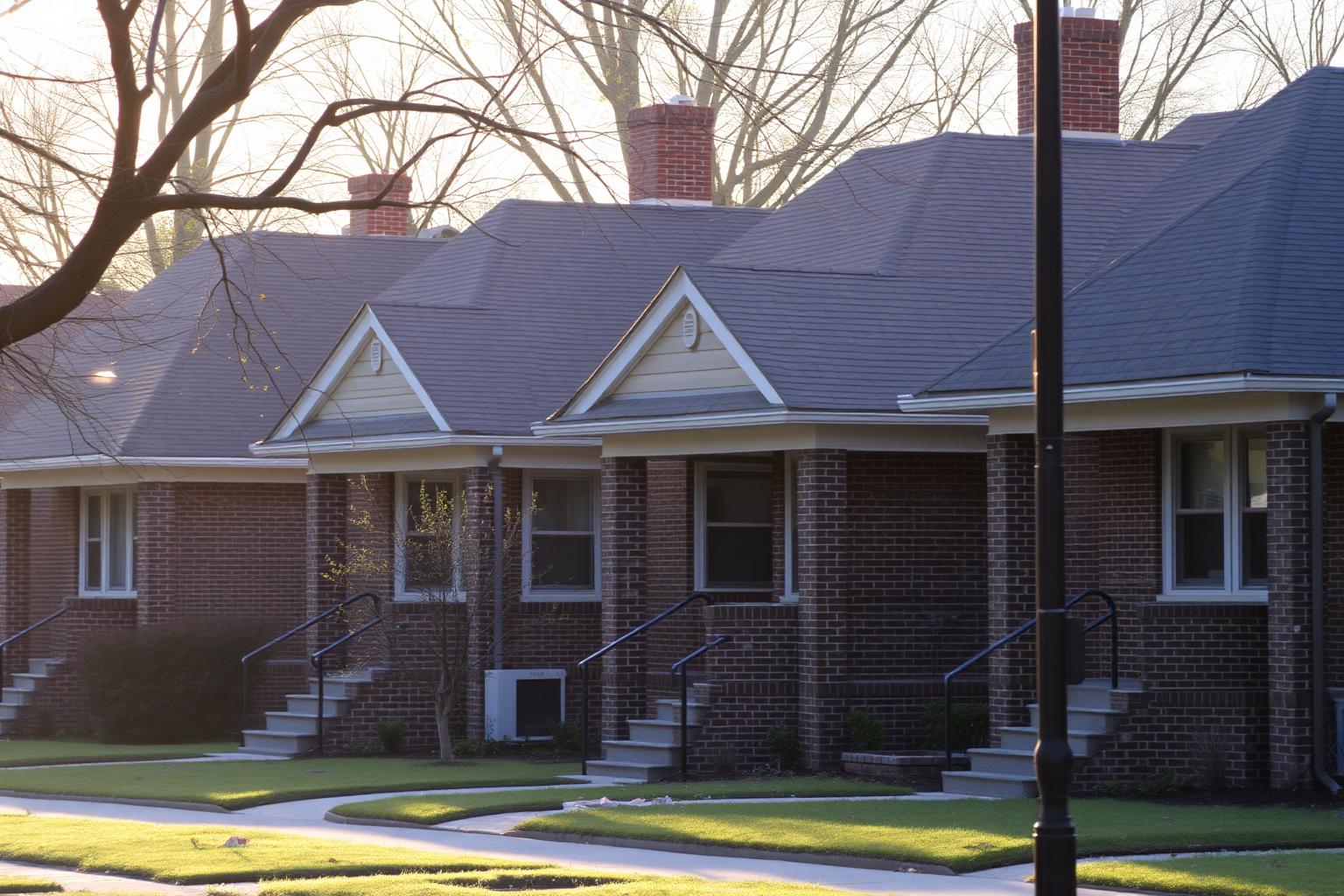 Row of brick bungalow homes along a tree-lined Chicago block with narrow front lawns and gabled rooflines