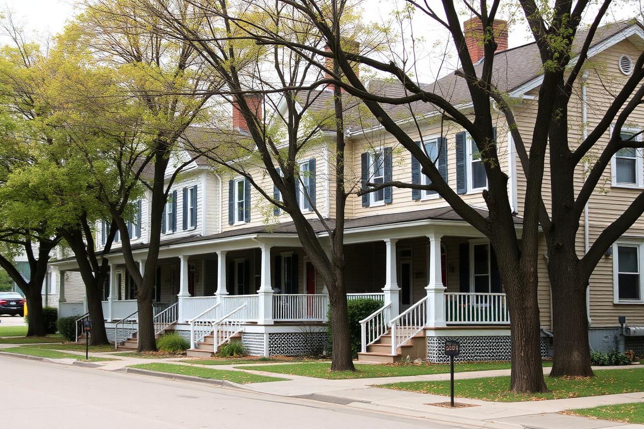 Row of rental duplexes and multi-unit housing near a university campus neighborhood