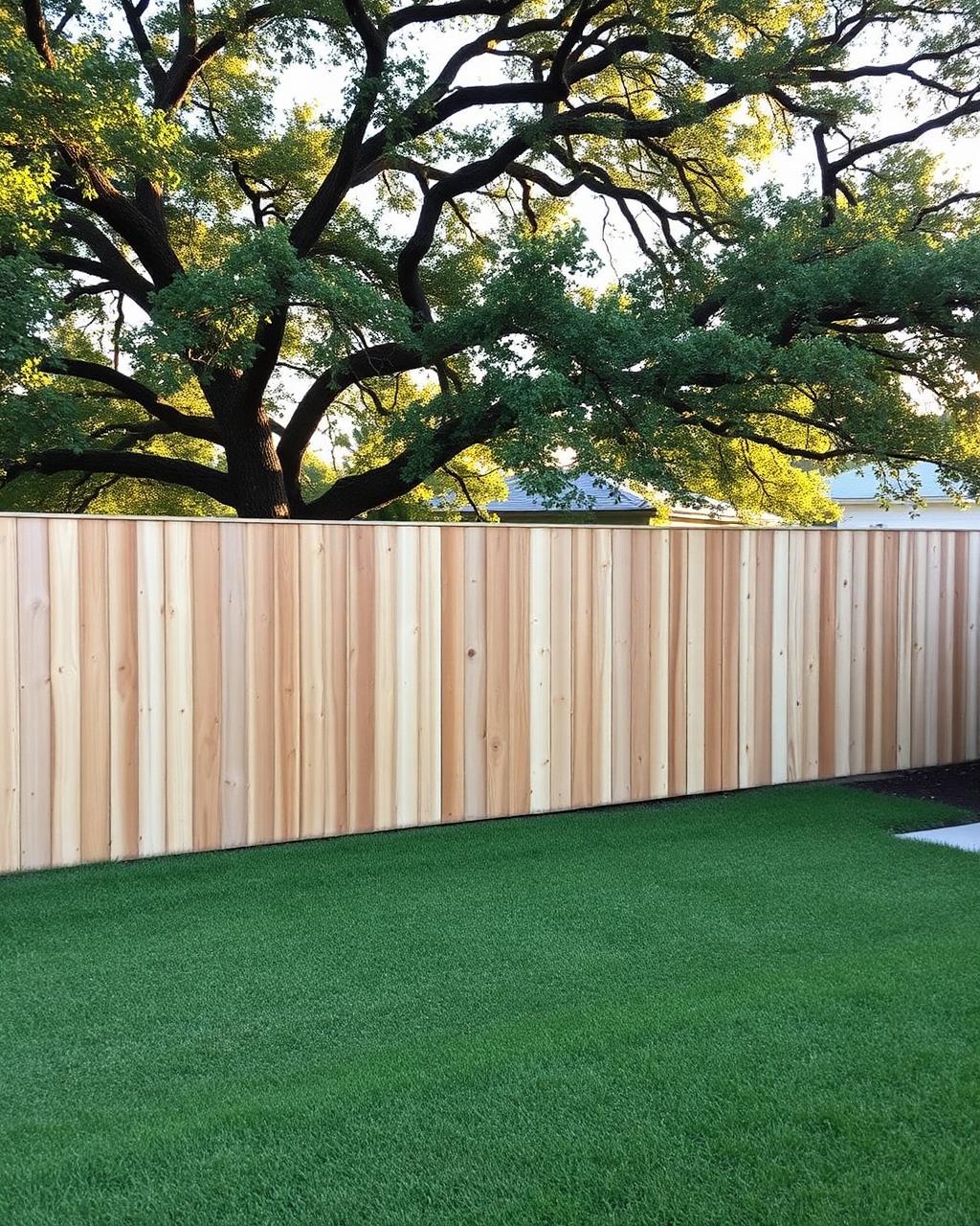 Cedar privacy fence recently installed in a Frisco backyard, posts still bright against older mature oaks